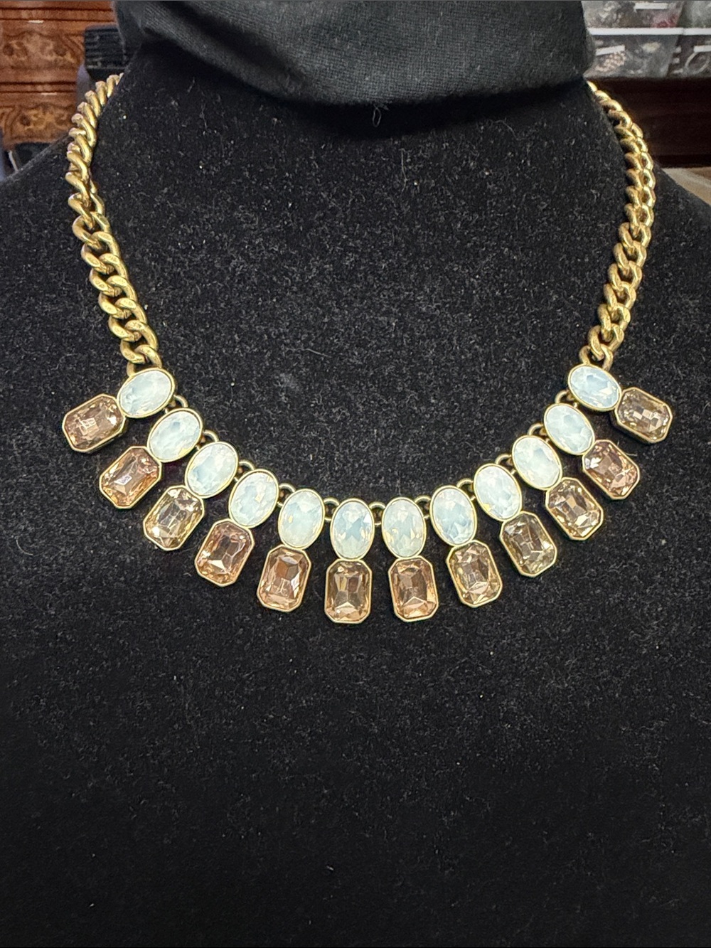 J. Crew Gold Collar Necklace with Champagne and Opal Stones 22”